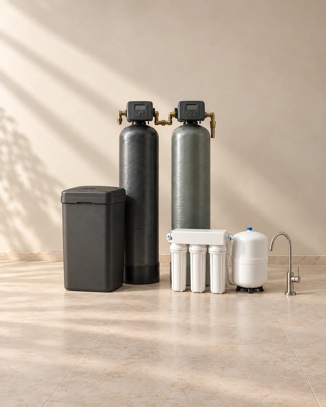 Illustrative package with two whole-home treatment tanks, brine tank, under-sink RO system, storage tank, and dedicated faucet