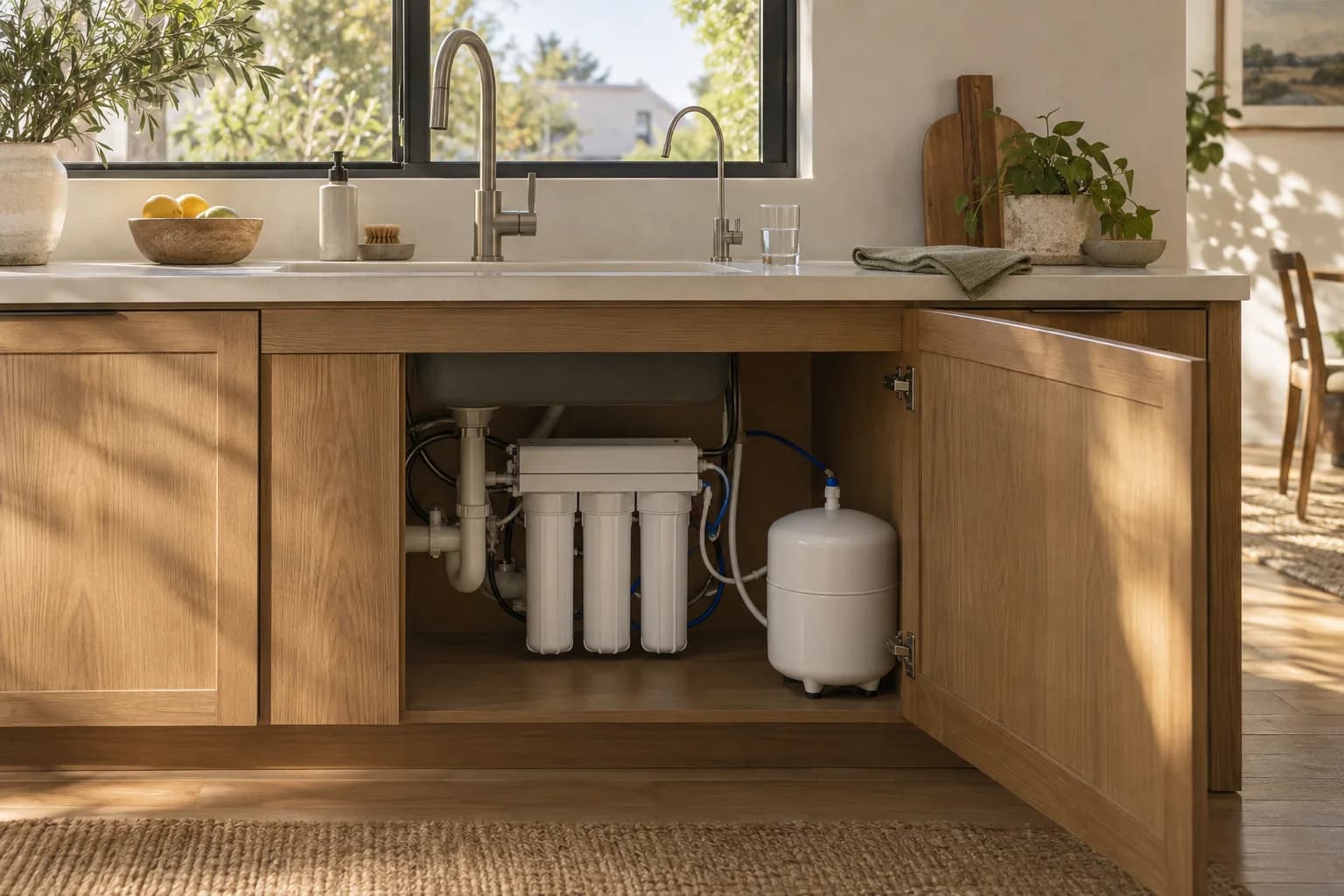Illustrative under-sink reverse-osmosis system and dedicated drinking-water faucet in a sunlit kitchen
